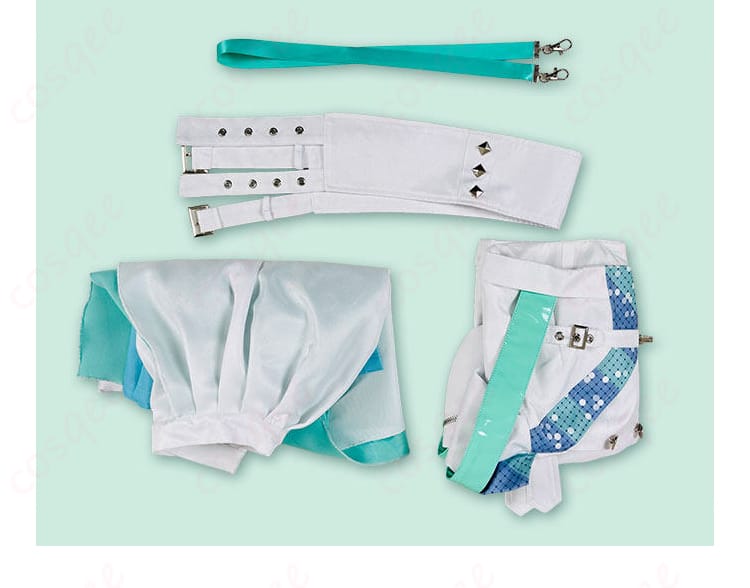 浅倉 透『つづく、』コスプレ衣装のセット内容一式。トップス、スカート、コルセットベルト、腰飾りの4点を平置きで表示。