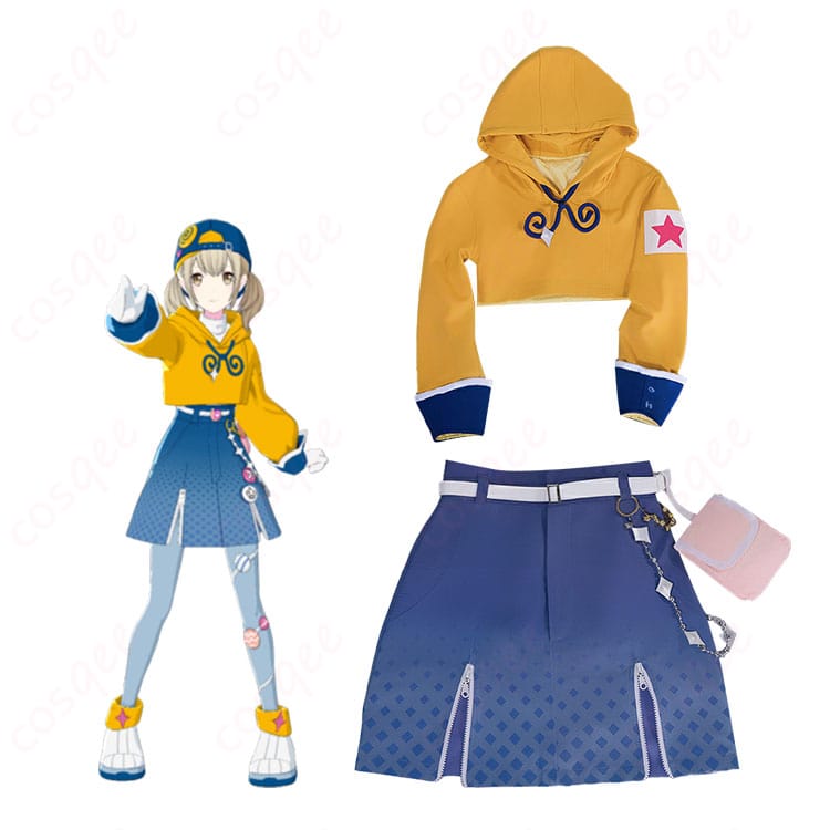 小豆沢こはね めめっち風ぐるぐるスタイルのコスプレを着用したモデルの全身イメージ。トップスとスカート、ベルト・腰飾りのコーデがわかる人物ショット。