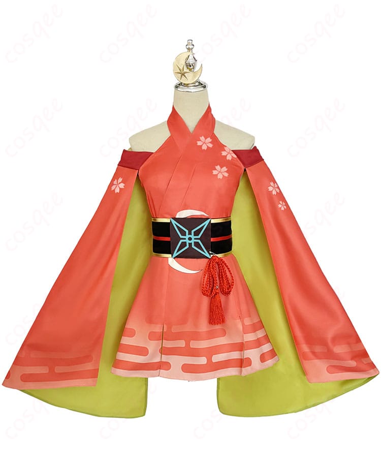 かぐや姫モチーフ和風ワンピースの正面カット。胸元から裾までのシルエットと装飾を確認できる。