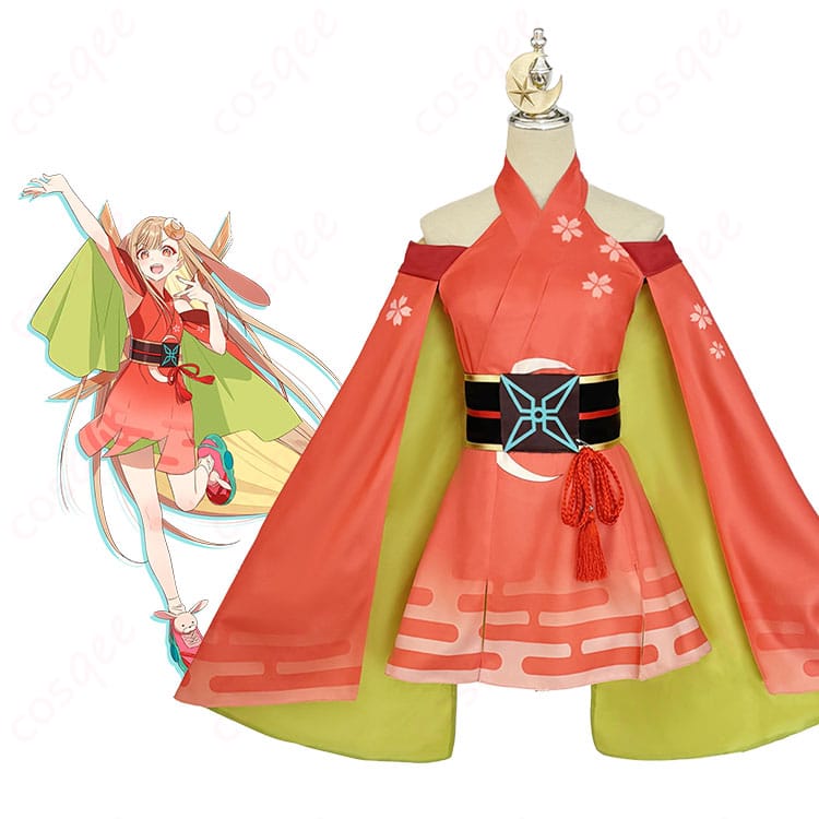 モデル着用のかぐや姫モチーフ和風ワンピース全身画像。コルセットベルトと髪飾りの組み合わせが分かるイメージ。