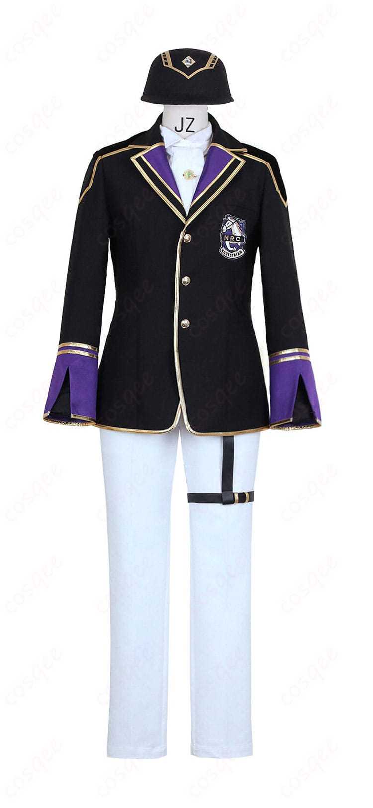 シルバー 馬術部クラブウェアの正面全体。コートとスカーフ、ベルトの配置がわかるフロントビュー。