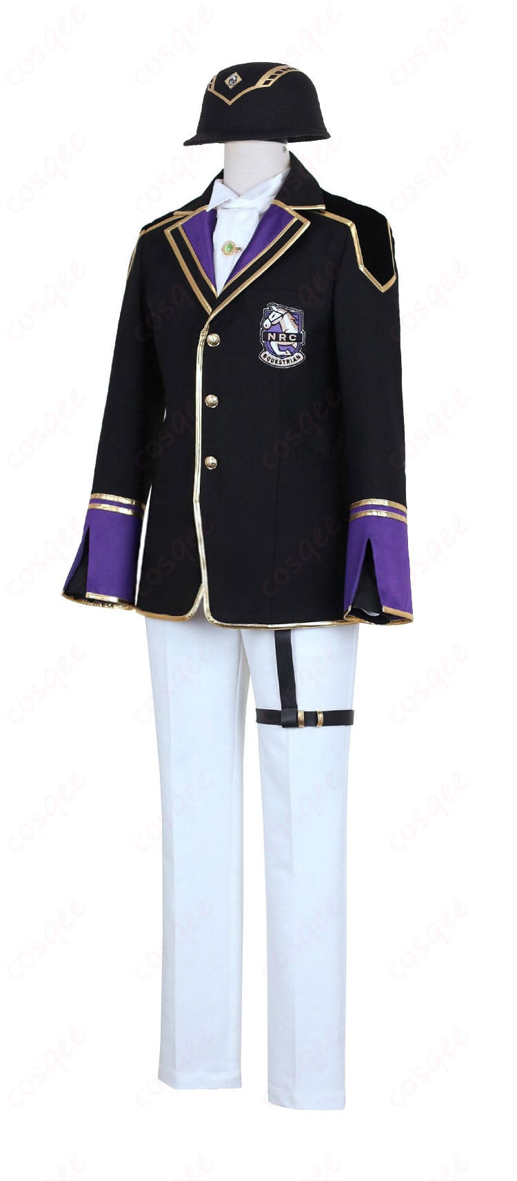 シルバー 馬術部クラブウェアの側面。コートのラインと太もも飾りの位置関係を確認できます。