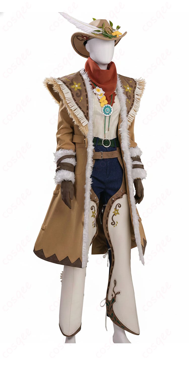 第五人格 カウボーイ『春の便り』コスプレ衣装の右側面。帽子とマフラーの見え方、シルエットの厚みを確認。