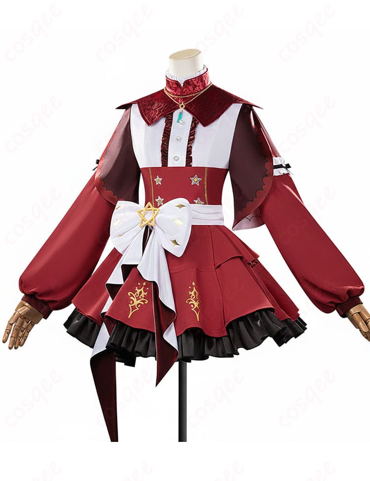 レッドディザイア 勝負服コスプレ衣装の正面全体。ワンピースとつけ襟、配色のディテールが見えるフロントビュー