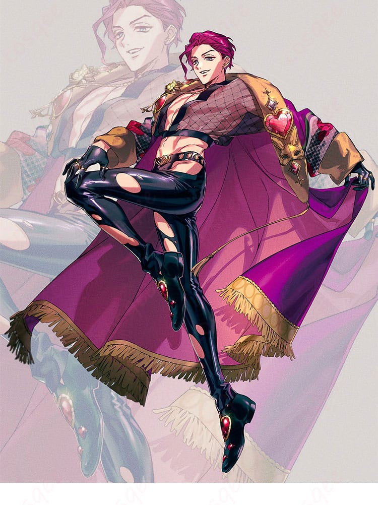 カリスマ 天堂天彦 VIVA LA LIBERATION コスプレ衣装の側面。立体パターンのラインと、ズレにくい小物固定仕様を確認できる角度。