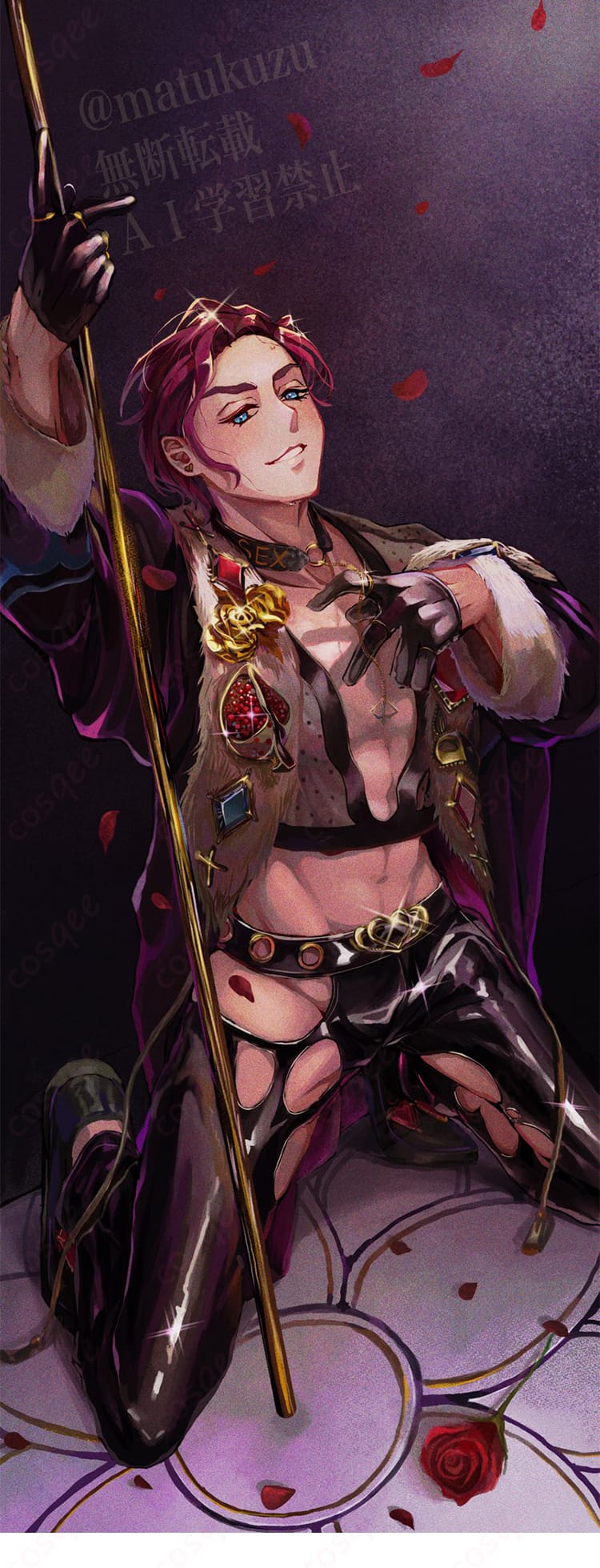 カリスマ 天堂天彦 VIVA LA LIBERATION コスプレ衣装のディテール。高コントラストの装飾と質感、通気性のある生地感を近距離で表現。