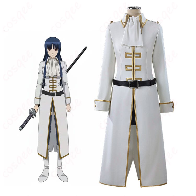 銀魂 今井信女 見廻組副長 コスプレ衣装の着用イメージ。ロングコートと白スカーフ、ショートパンツの全身コーデがわかるカット。