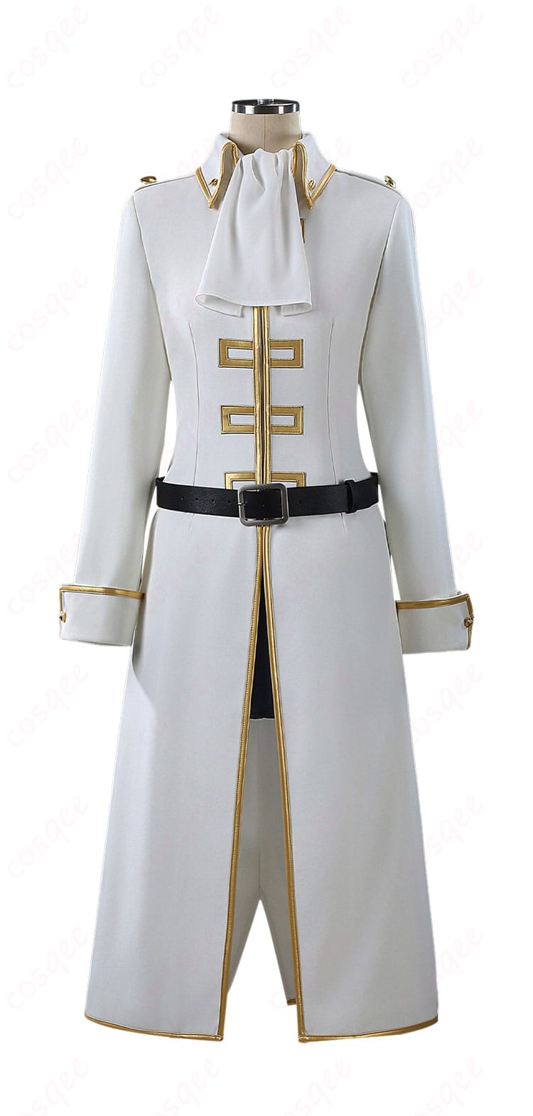 銀魂 今井信女 見廻組副長 コスプレ衣装の正面写真。黒コートと白スカーフ、ベルトとソックスの配置が確認できる。