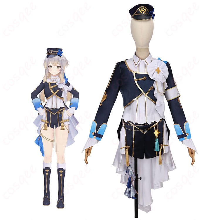 にじさんじ 栞葉るり 共通衣装コスプレのモデル着用全身イメージ。コートと帽子、腕章・胸飾りまで再現したスタイルが分かる正面カット。