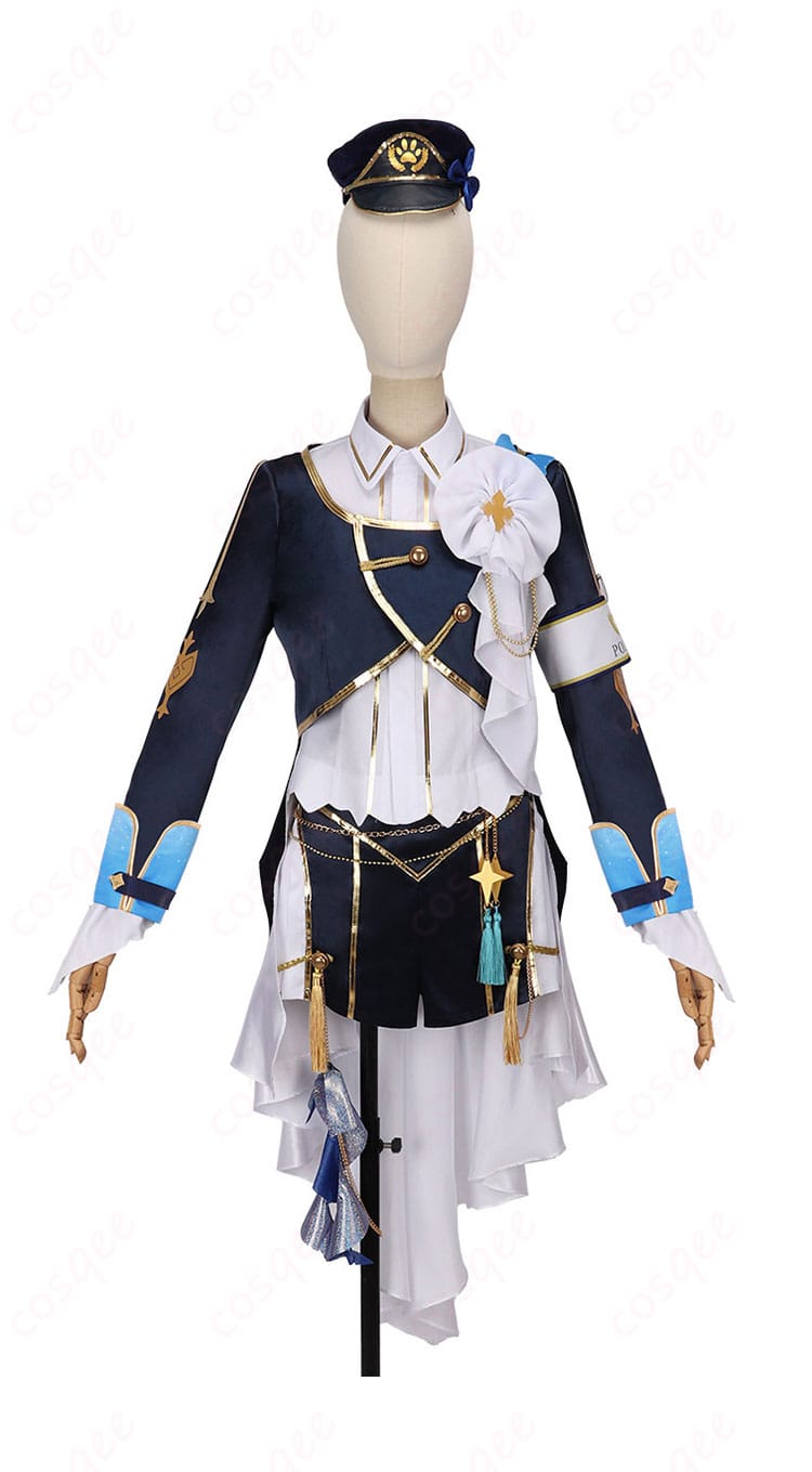 にじさんじ 栞葉るり 共通衣装コスプレの衣装正面ディテール。コート×シャツ×ショートパンツのラインと高コントラスト配色を強調。