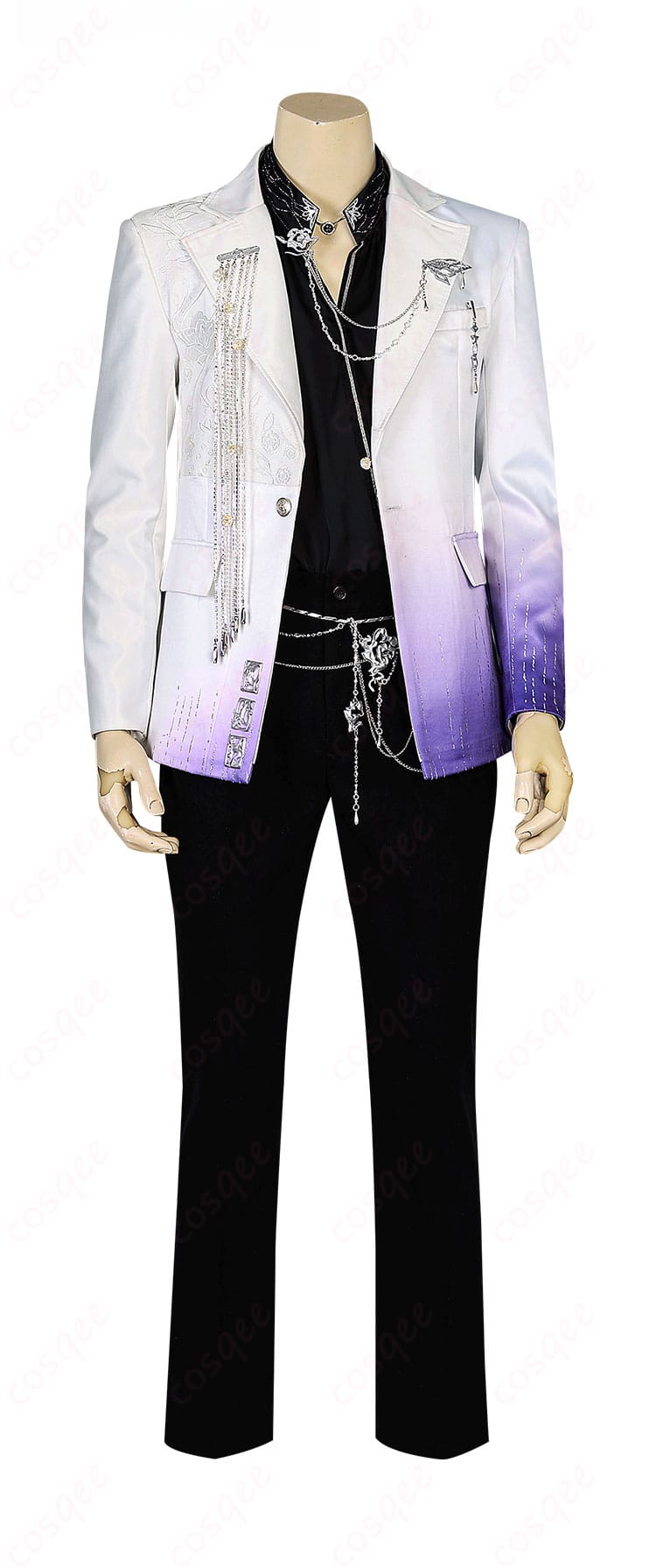 恋と深空 カレ共通『朝夕に浸る夢』コスプレ衣装一式の正面全体画像。ヨーロピアン調コート、シャツ、ズボン、飾り物のレイアウト。