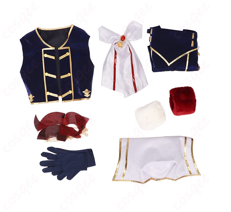 セット内容の平置き一式。コート、シャツ、スカーフ、ショートパンツ、手袋、手首飾り、太もも飾りの7点。