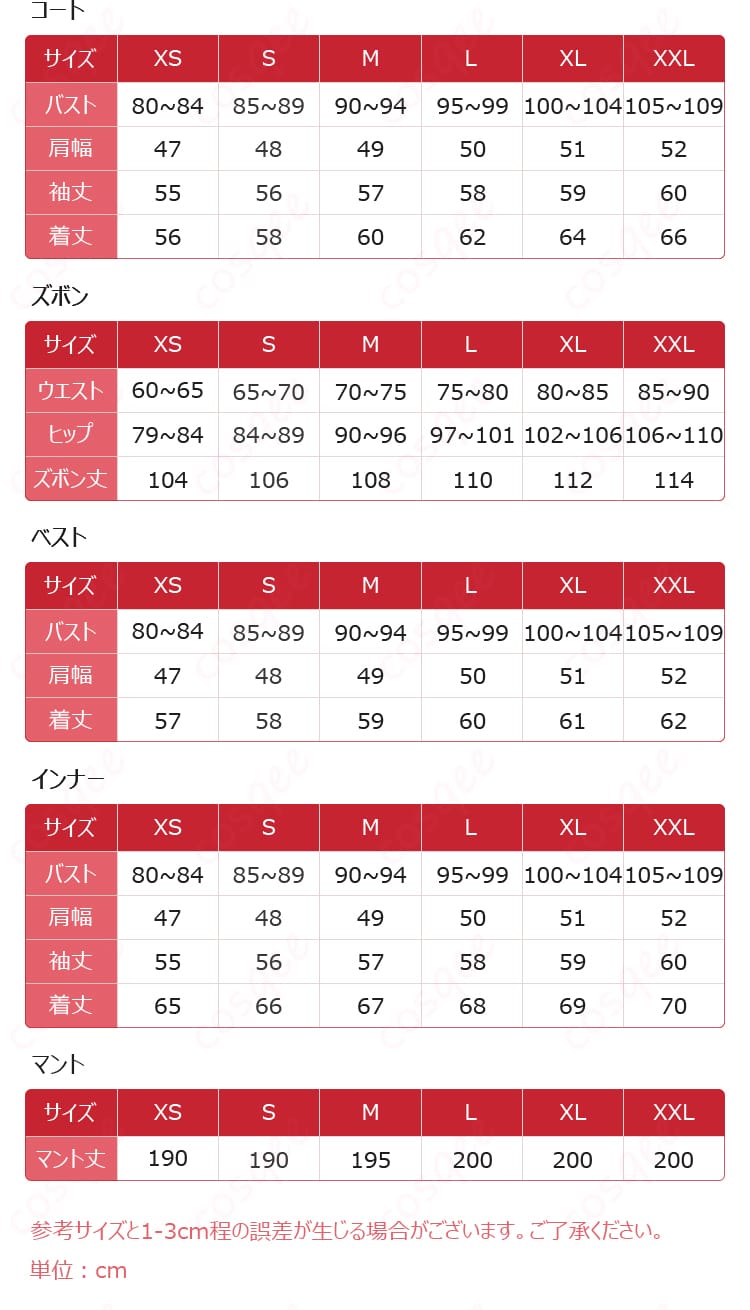 サイズ表記と各部採寸が掲載されたシン衣装のサイズガイド画像