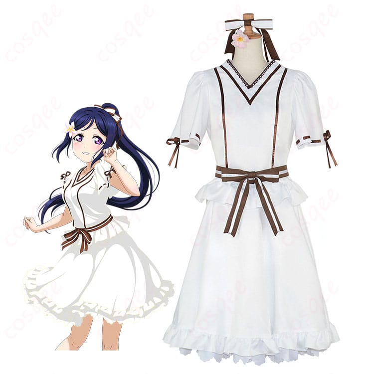 松浦果南 夢の舞台 覚醒後コスプレ衣装を着用した全身モデル写真（トップス・スカート・ベルト・髪飾りを装着）