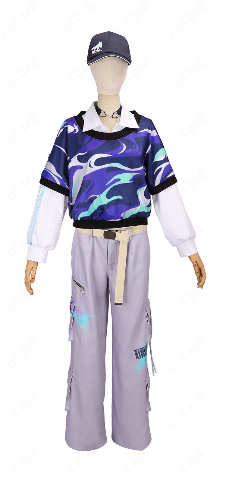 花籠つばさ デフォルト衣装一式の正面ディテール。半袖上着とトップス、ベルトの直線的な切替が分かる構図。