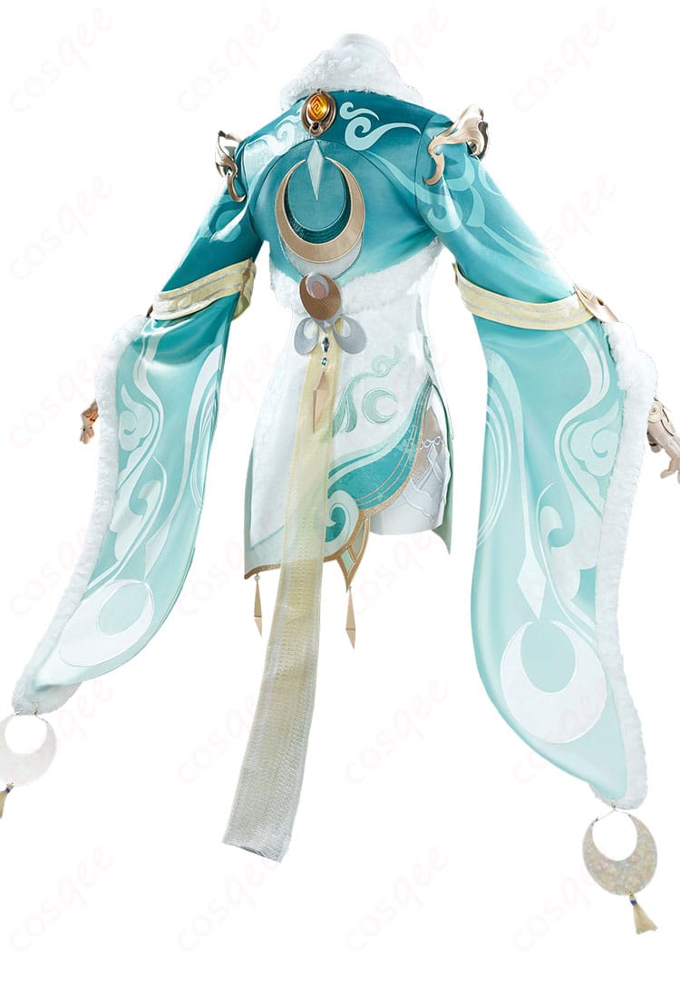 原神 茲白(しはく)コスプレ衣装の背面。コート背面装飾とペンダントの揺れ感を強調。