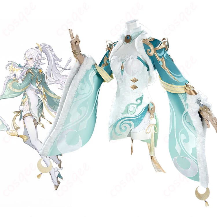 原神 茲白(しはく)白馬仙人のフルコーデ全身画像。コートとワンピース、神の目を装着した完成例。