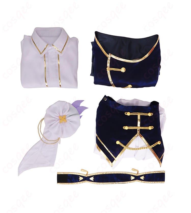 にじさんじ 小清水 透 共通衣装のセット内容一式。コート・シャツ・スカート・胸飾り・太もも飾りを並べた内容確認用カット