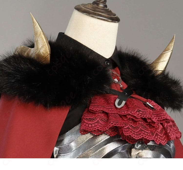 襟元ディテールの接写。襟の形状、縁取りステッチ、素材のハリ感を強調。