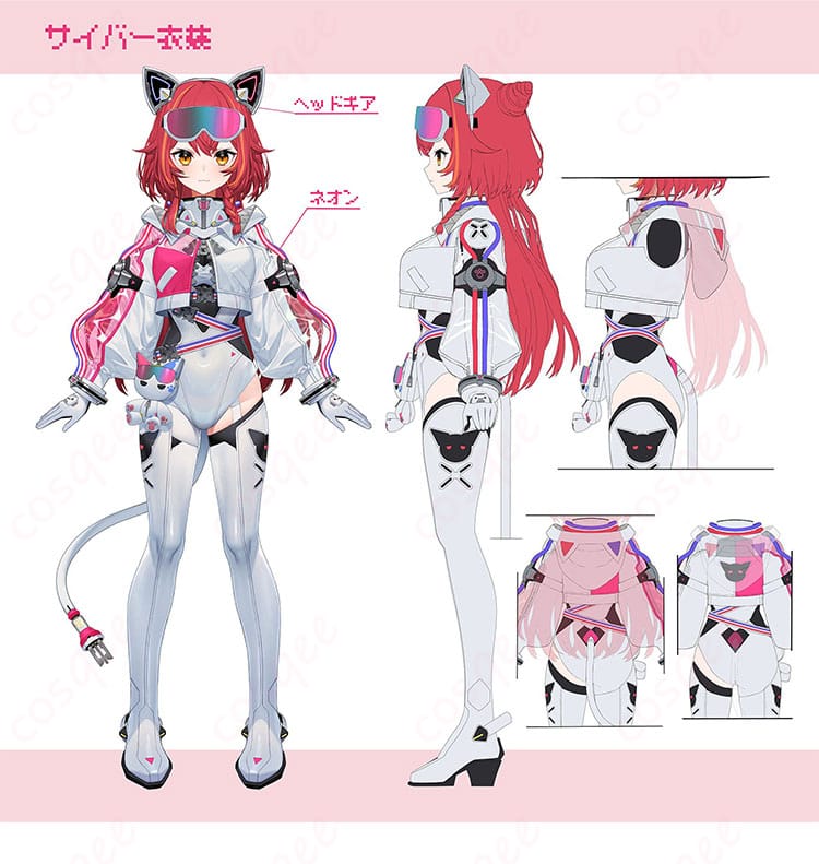 猫汰つな 新衣装サイバーコスプレの装飾ディテール接写。立体パーツと配色ラインがわかるアップ。