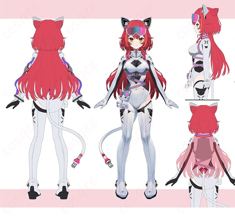 猫汰つな 新衣装サイバーコスプレの正面・背面全体。アーマー風ディテールとカラー分割が確認できる画像。