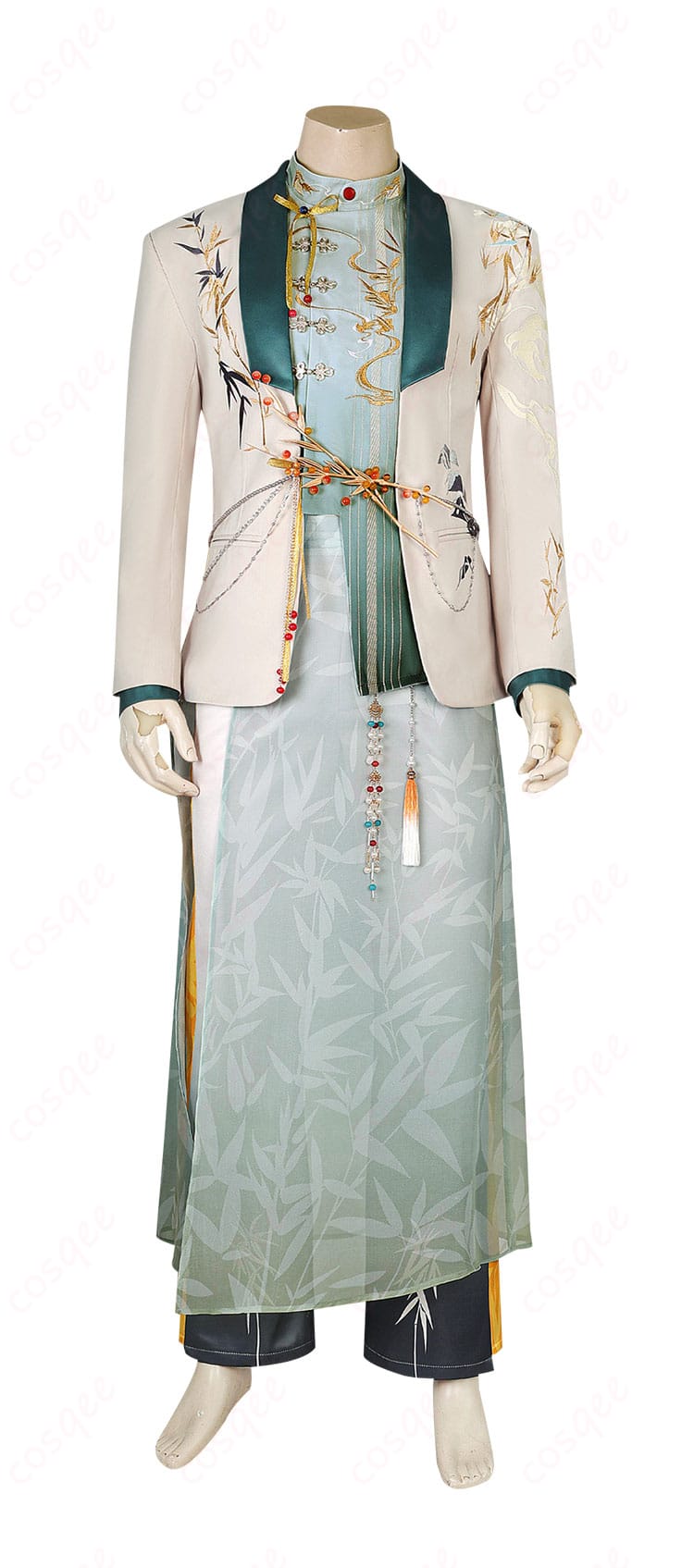 恋と深空「空渡る笛の音」共通衣装の正面ディテール。コートの刺繍、胸元の装飾、シャツと腰布のレイヤー構成がわかる画像。