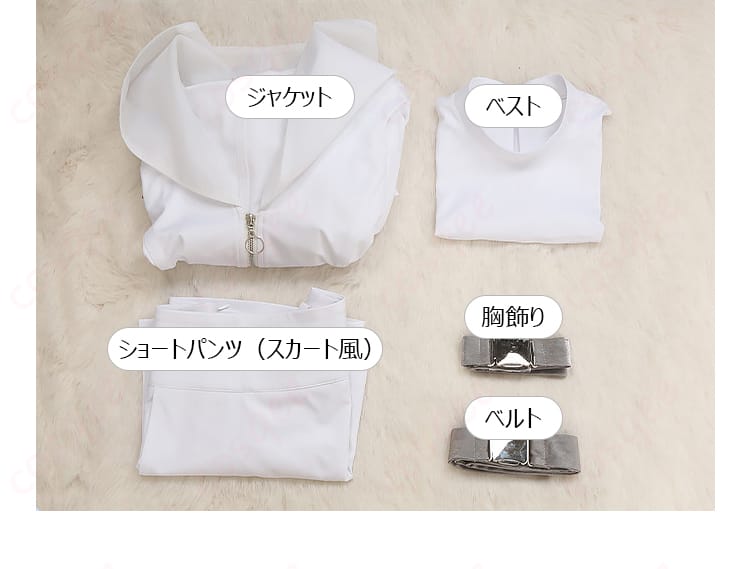 セット内容の平置き画像。ジャケット、ベスト、ショートパンツ、ベルト、胸飾りの5点セット