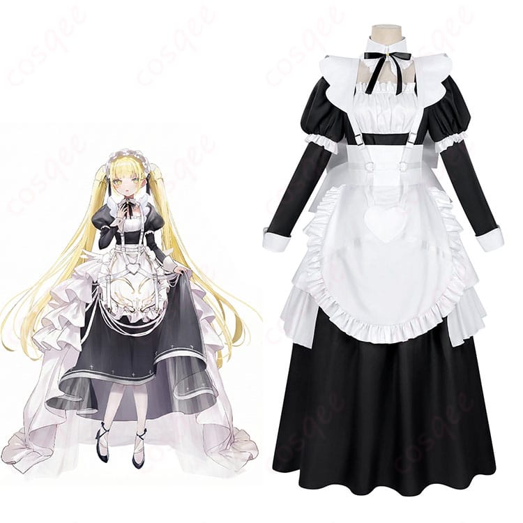 COSQEE ゴーストハウス風メイド服を着用した全身イメージ。ワンピースとエプロン、背面リボンの雰囲気が分かる人物カット