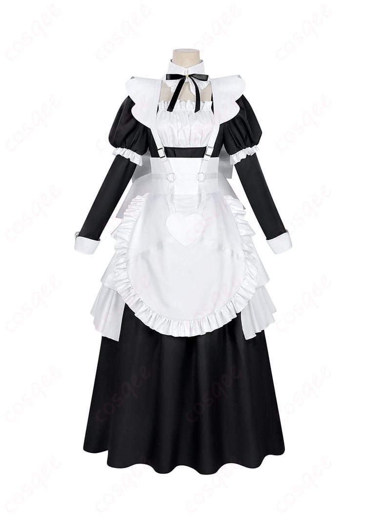 COSQEE メイド服ワンピース+エプロンの正面全体写真。上品で爽やかなシルエット