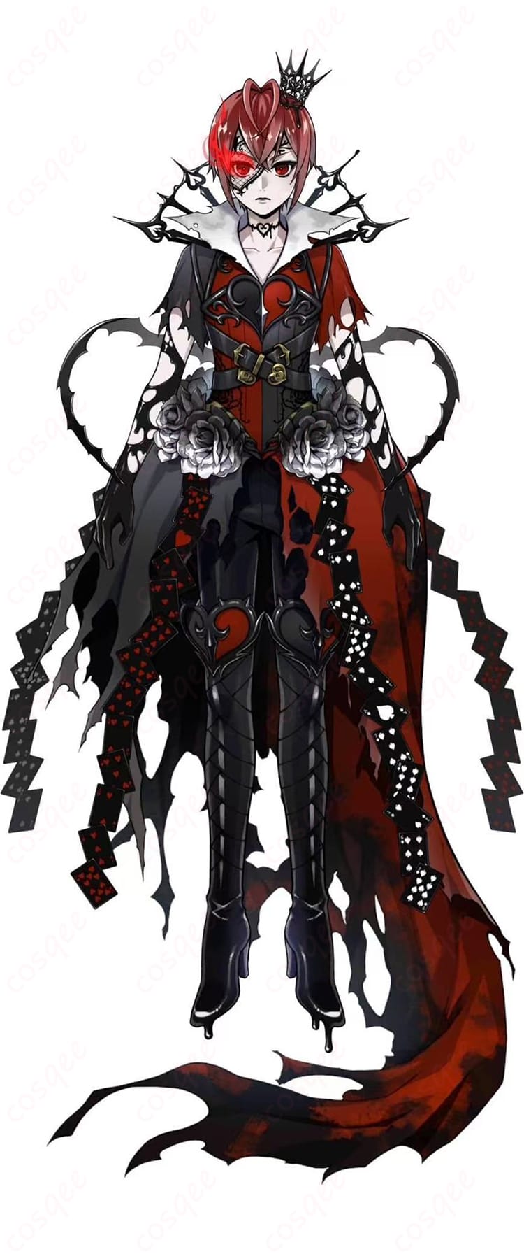 リドル・ローズハートのオーバーブロット(真紅の暴君)衣装を全身で写した商品画像。重厚なシルエットと深紅×黒のコントラストが際立つコスプレ一式。