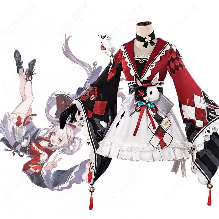 崩壊:スターレイル 花火(Sparkle)コスプレ衣装を着用した全身イメージ。ハーレクイン調の装飾とシルエットが分かる人物写真。