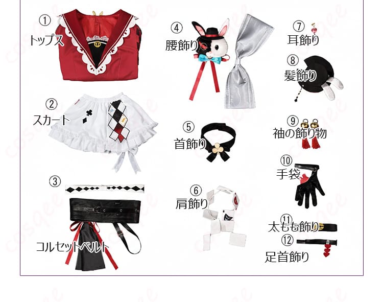 花火コスプレ衣装のセット内容一覧。トップス・スカート・各種アクセサリーが並んだ同梱物の全体写真。