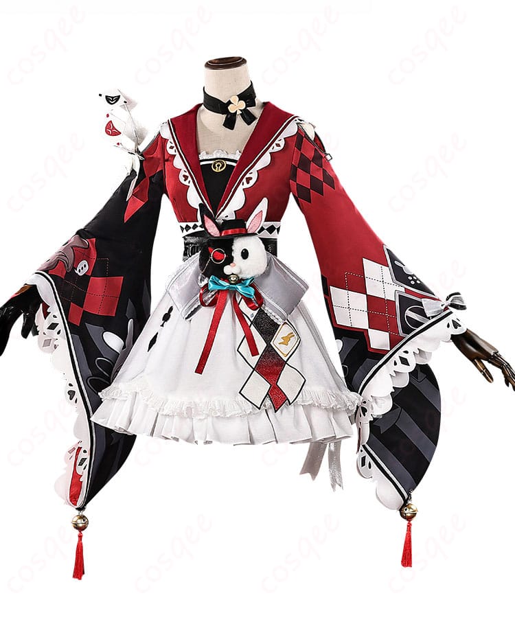 花火コスプレ衣装の正面全体。トップス、スカート、コルセットベルトのバランスと発色を確認できる画像。