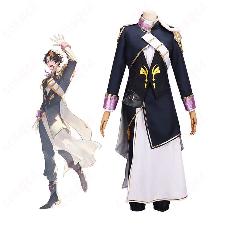闇ノシュウ CONCERTO 共通衣装のコスプレ一式をモデルが着用した全身イメージ。ジャケットと腰布の質感が分かる正面ショット。