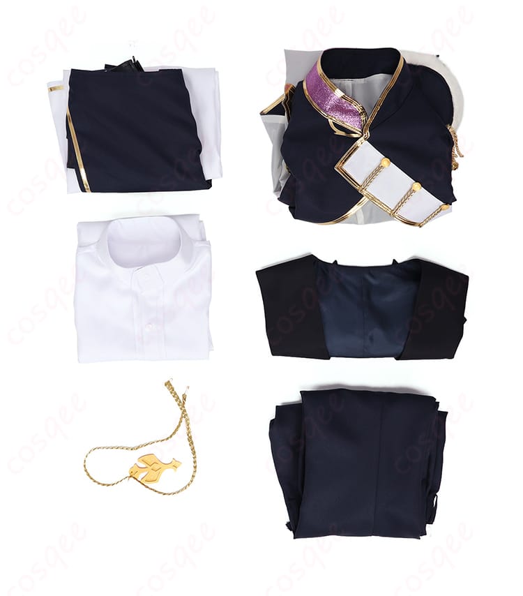 闇ノシュウ CONCERTO 共通衣装のセット内容一式（ジャケット、ベスト、シャツ、パンツ、腰布、太もも飾り）を平置きで構成表示。