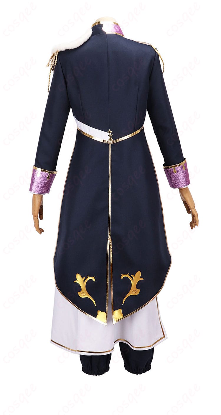 闇ノシュウ CONCERTO 共通衣装の背面。落ち着いた色味のジャケットラインと腰布の流れ、シルエットのまとまりを強調。