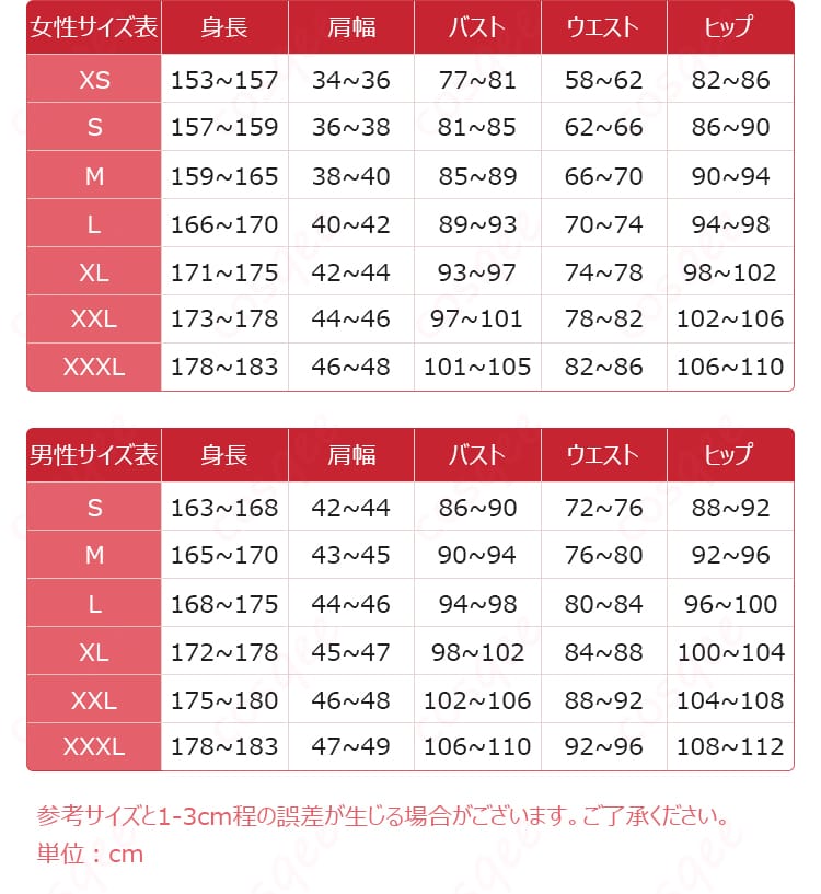 無期迷途 ルミナ 温泉旅館制服コスプレのサイズ案内図。XS〜XXXLの寸法目安と着用時のフィット感が分かる表記。