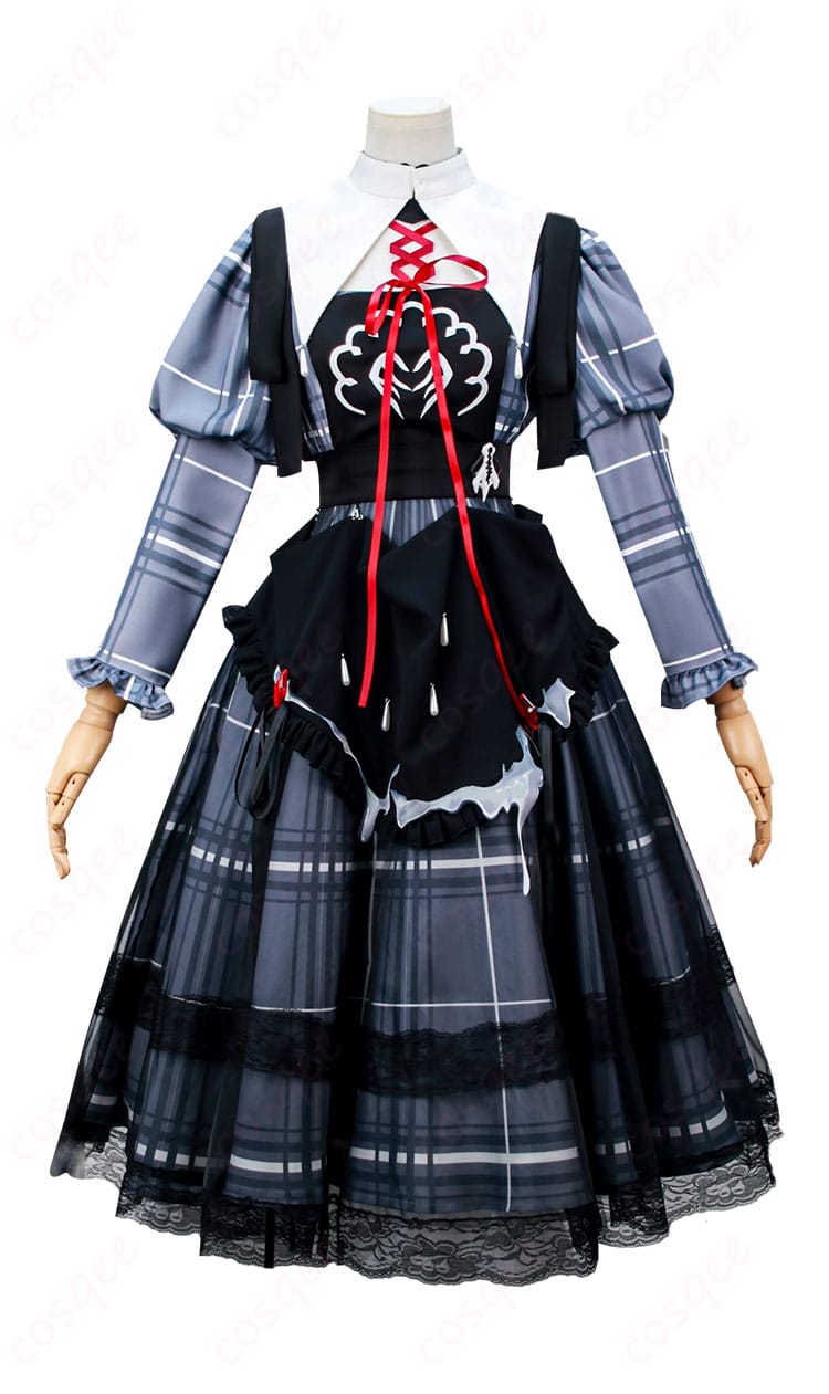 無期迷途 ルミナ 温泉旅館制服コスプレの正面全体写真。落ち着いた色味のワンピースにエプロンとつけ襟の配置が分かる。