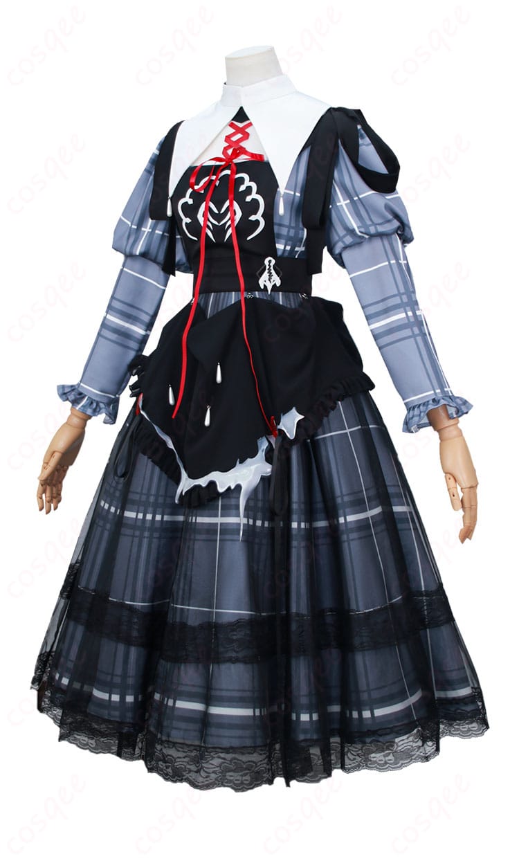 無期迷途 ルミナ 温泉旅館制服コスプレの側面写真。コルセットベルトによるウエストラインとスカートの落ち感を確認できる。