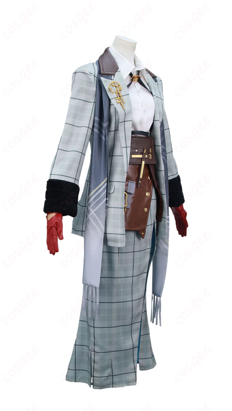 ヒルダ 旧時代の学者 コスプレ衣装の側面。コートのラインとスカートのシルエット、ショルダーストラップの見え方を確認。