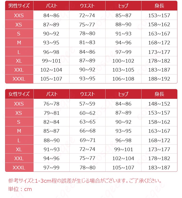 不破レンゲ 修行部制服コスプレのサイズガイド表。S〜XLとオーダーメイド対応の測定箇所説明入り。