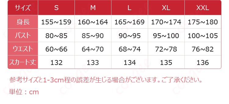 サイズ表記と採寸ガイドの画像。S〜XLの各実測箇所を示す