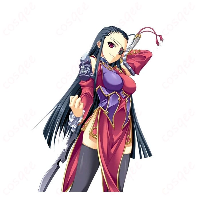 夏侯惇（春蘭）コスプレ衣装の側面シルエット。装飾ラインとウエストの立体感が確認できる写真。