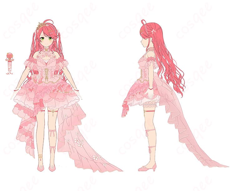 さくらみこflower fantasista! 衣装の前面・側面ディテール。ハリ感のあるスカートと美しいラインを強調。