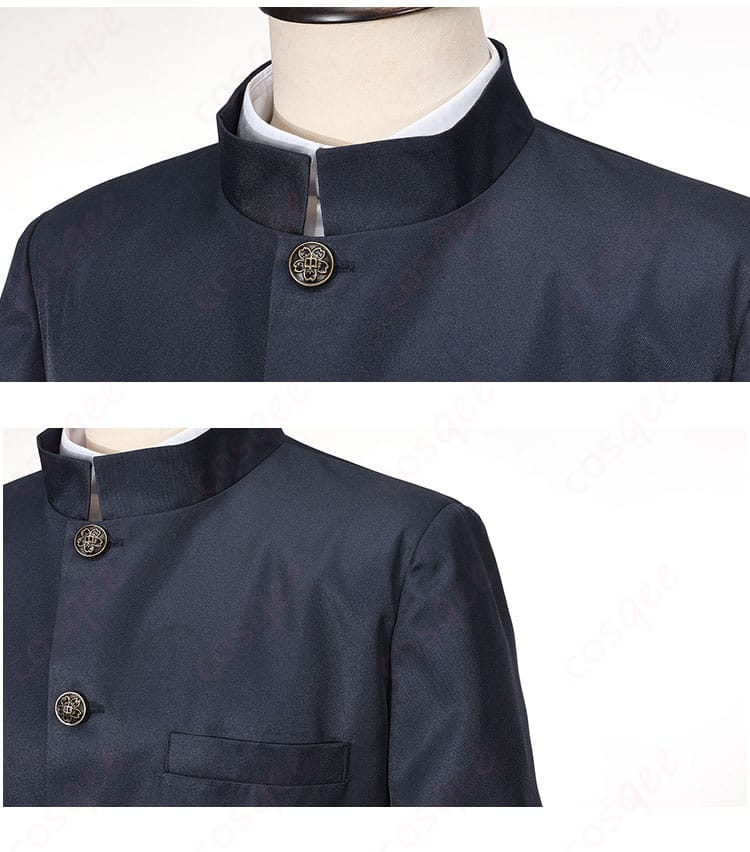 コートの襟元と肩周り装飾のディテール。ラペル形状とステッチが分かる画像