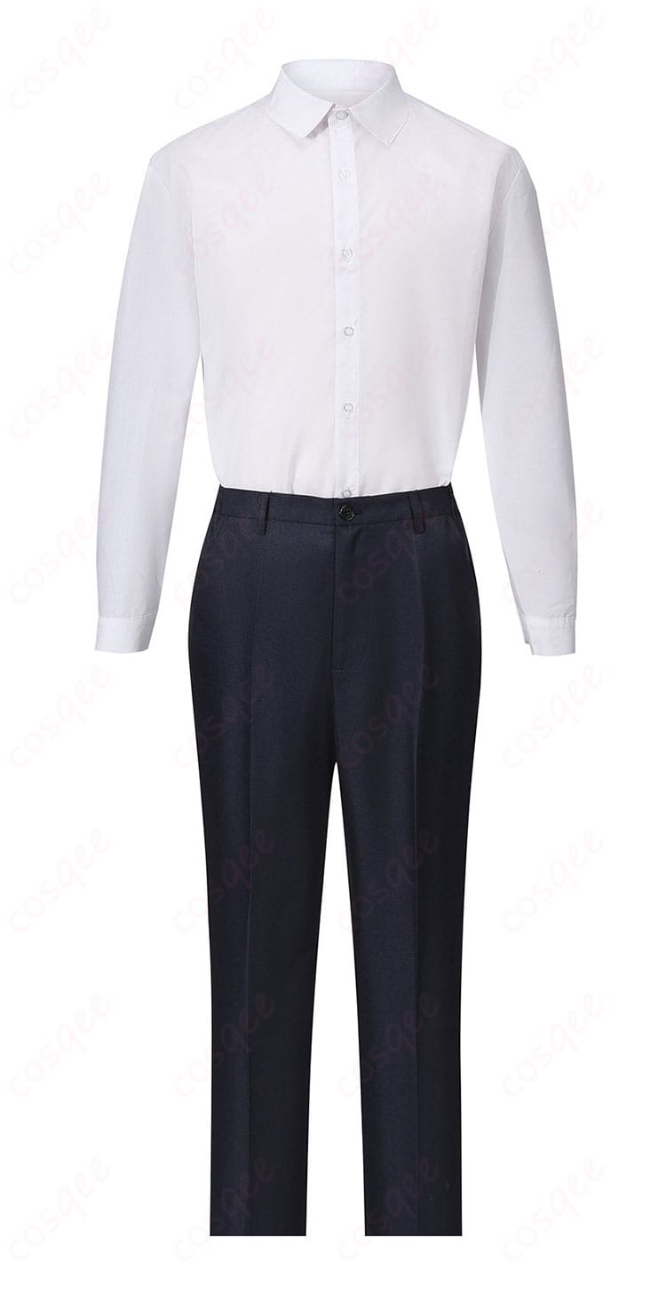 セットのシャツ前面ディテール。前立てとボタン、襟の形状が分かるクローズアップ