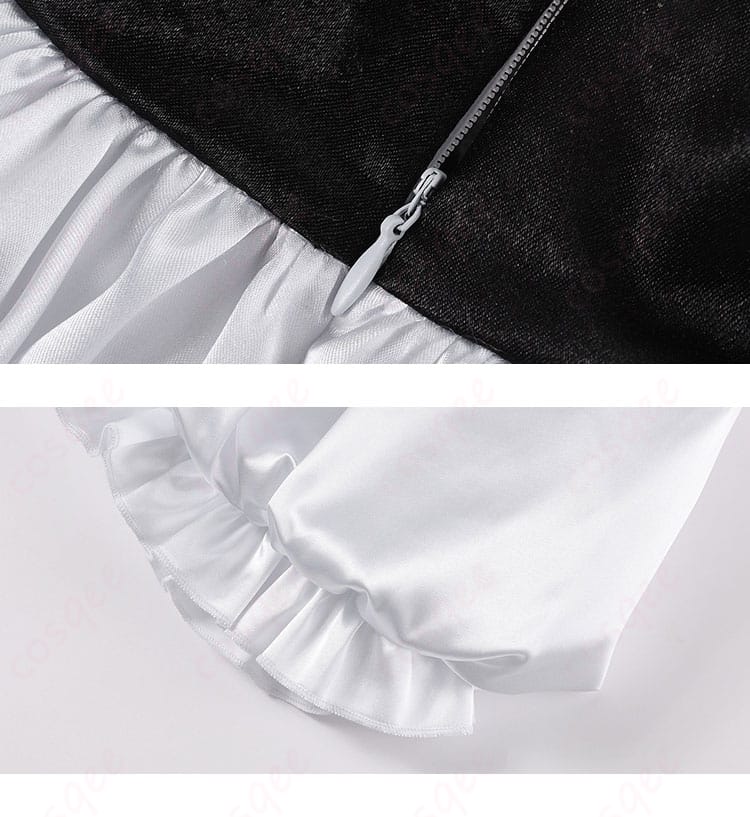 スカートの隠しファスナーと裾レースの拡大写真。着脱のしやすさと裾の表情を確認可能。