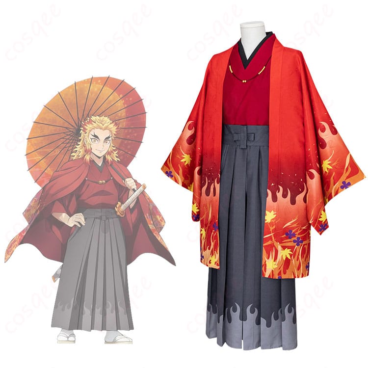 煉獄杏寿郎 京まふ2021和装コスプレを着用した全身イメージ。羽織と袴の高コントラスト配色が映える正面カット