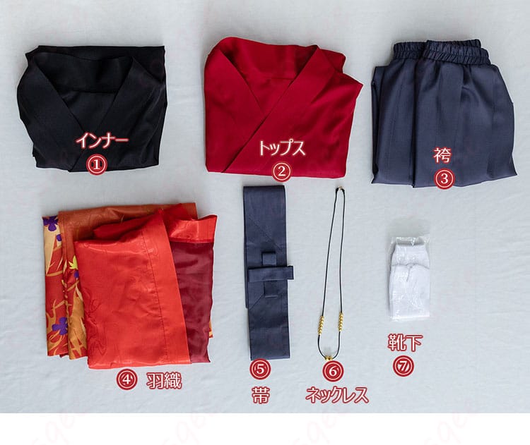 羽織・トップス・インナー・袴・帯・ネックレス・靴下のセット内容を並べた一覧画像