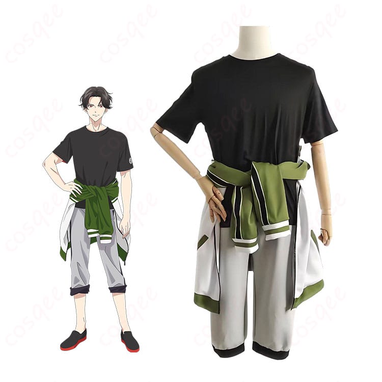 松井江・豊前江・村雲江の内番ジャージ一式を着用したキャラクターイメージと衣装全体の見本